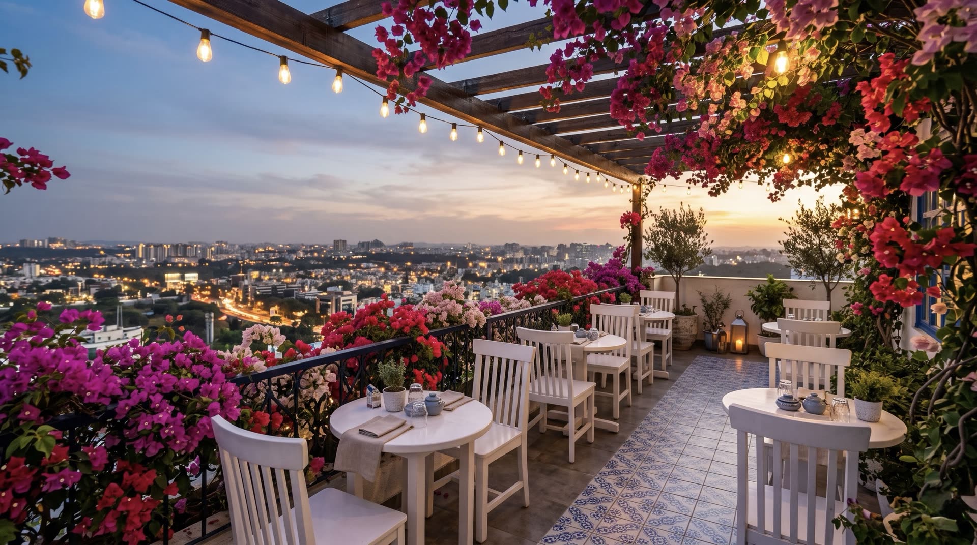 Secret Spot Cafe open balcony with bougainvillea at dusk